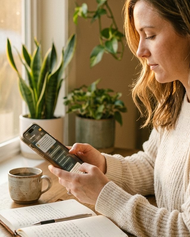 A woman using the Daily Rewind Plus during a quiet morning devotional.