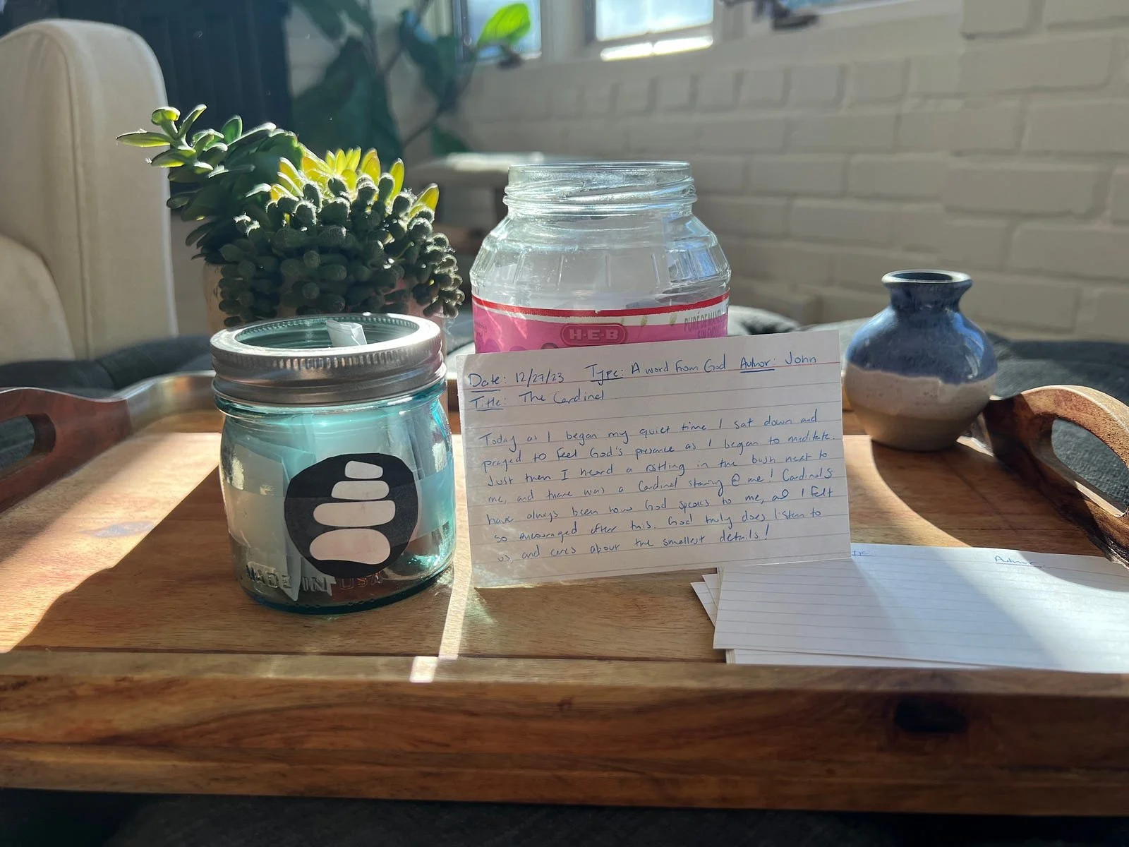 A handwritten index card placed in a jar.