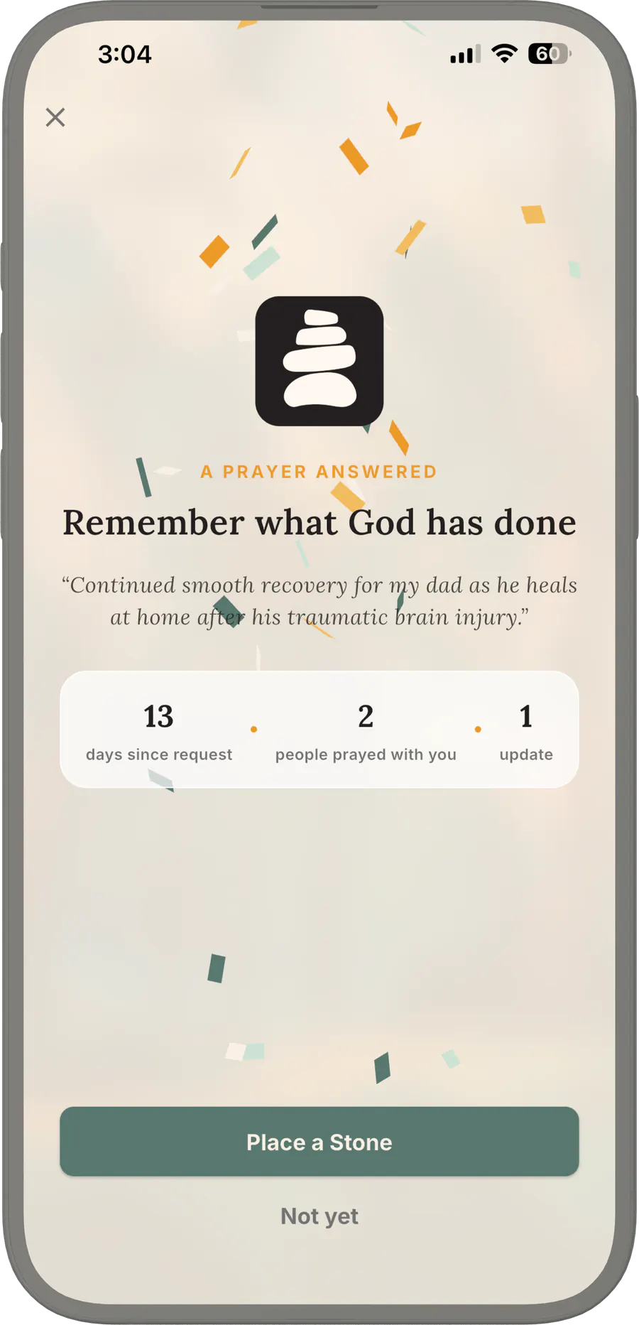 Living Stones celebrating an answered prayer with the option to place a Stone.