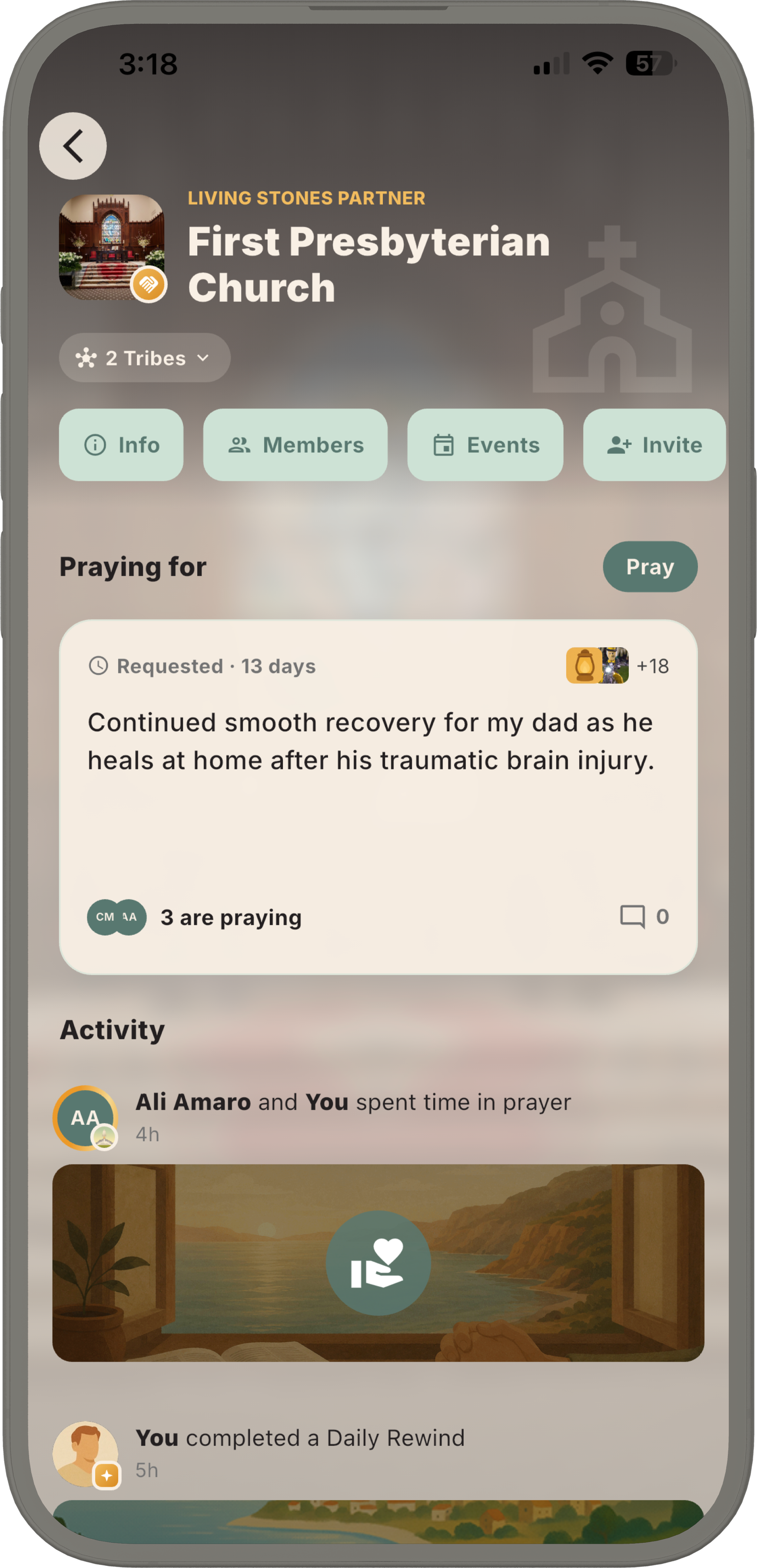 First Presbyterian Church community page shown in the Living Stones app