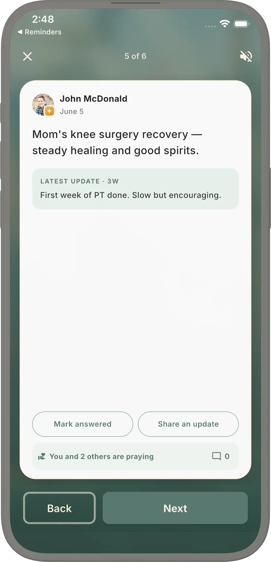 Living Stones Prayer Mode with a prayer request and its latest update.