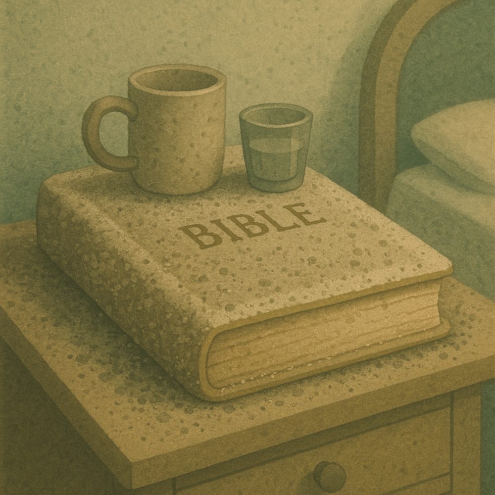 A Bible, mug, and glass on a bedside table.
