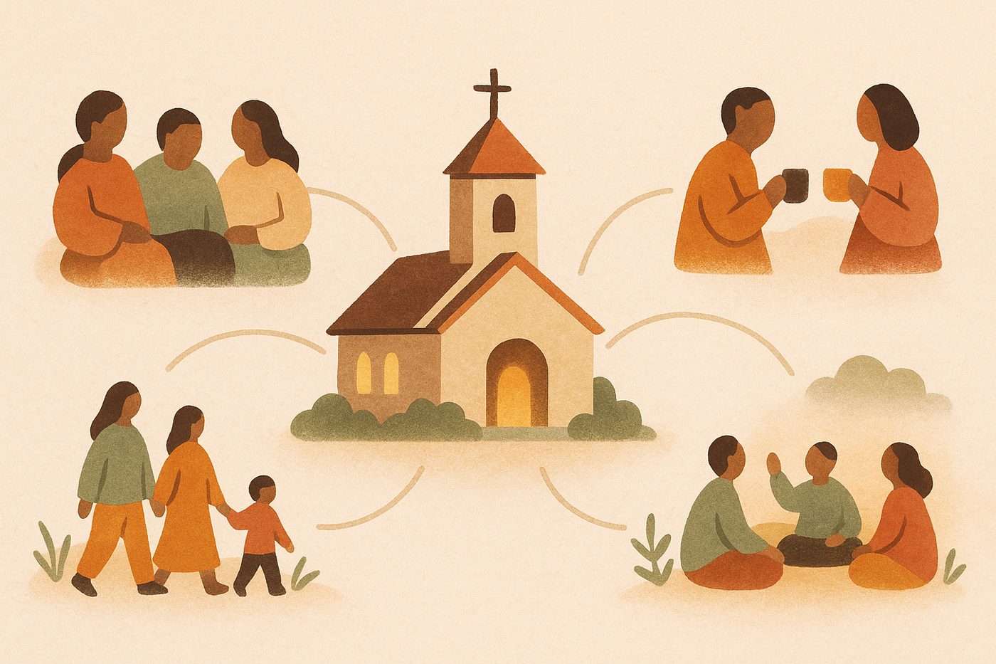 Illustration of families and small groups gathered around a church.