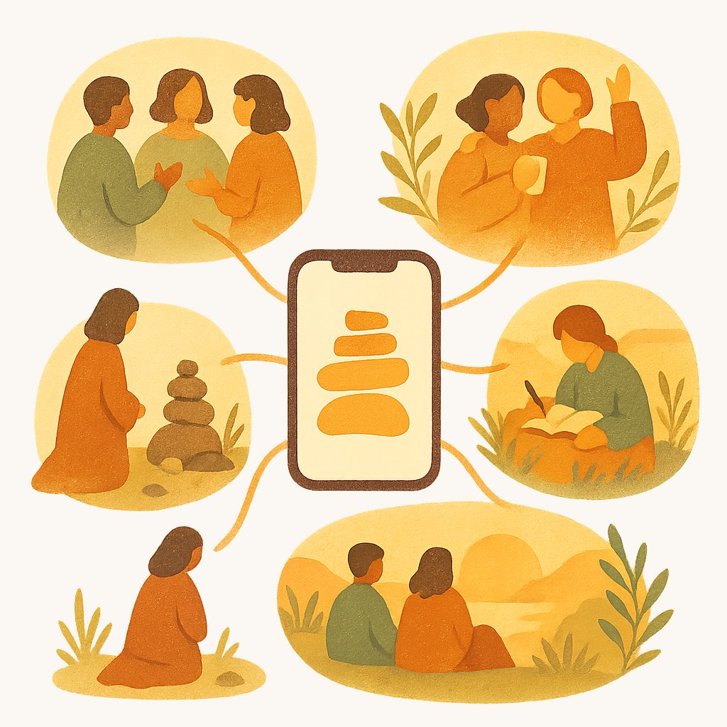 Illustration of people engaged in mindful, restful activities around a phone.
