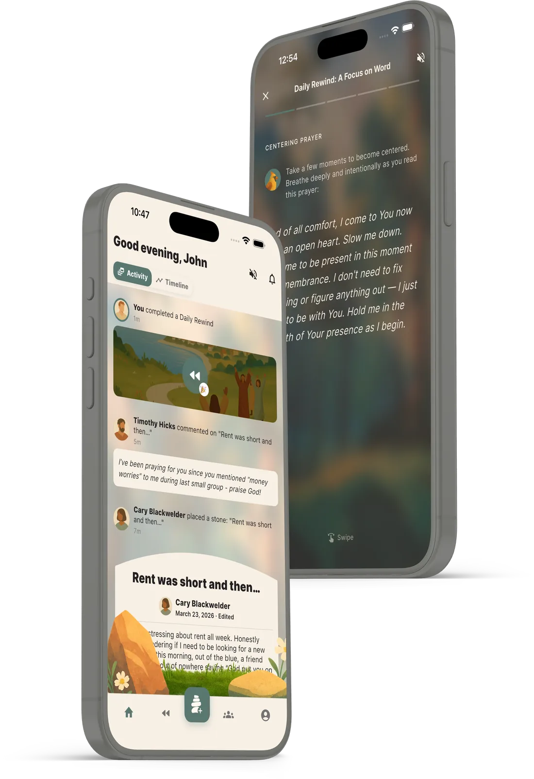 Two smartphones displaying the Living Stones app — a community feed and a guided Daily Rewind reflection.