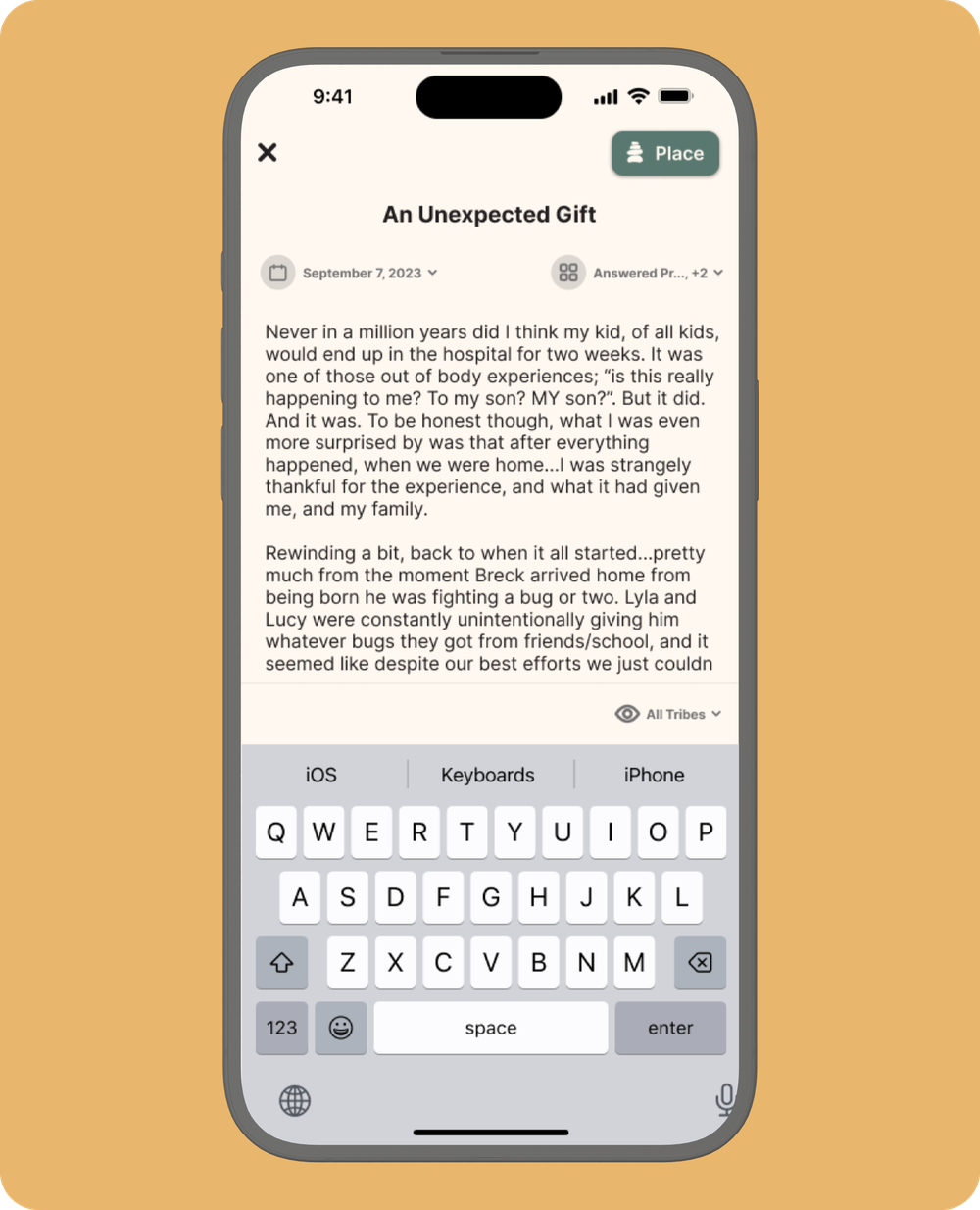 Smartphone showing a journal entry titled “An Unexpected Gift.”