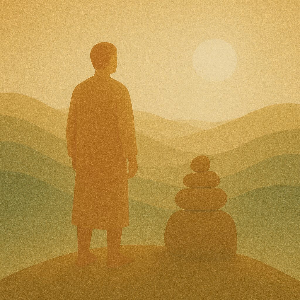 A person on a hilltop beside a stack of stones at sunset.