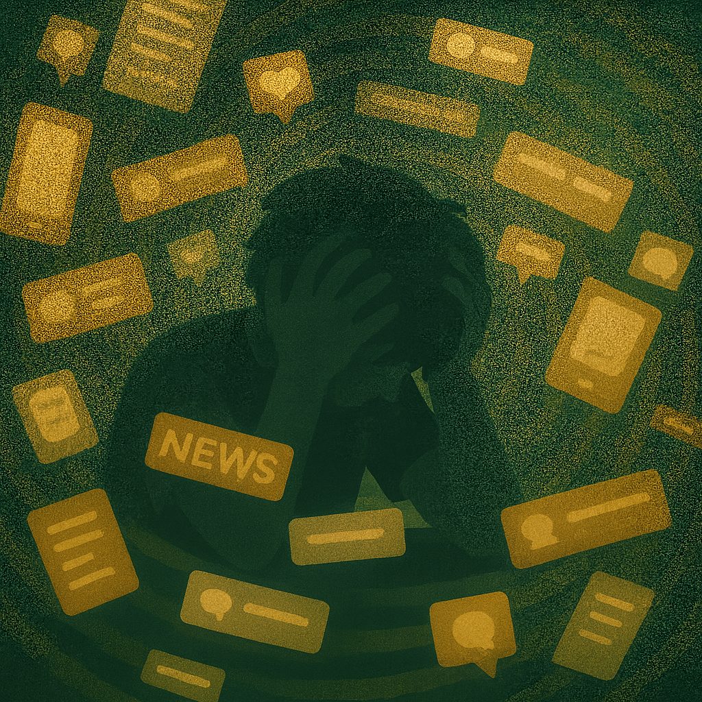 A person holding their head, surrounded by floating news and message icons.