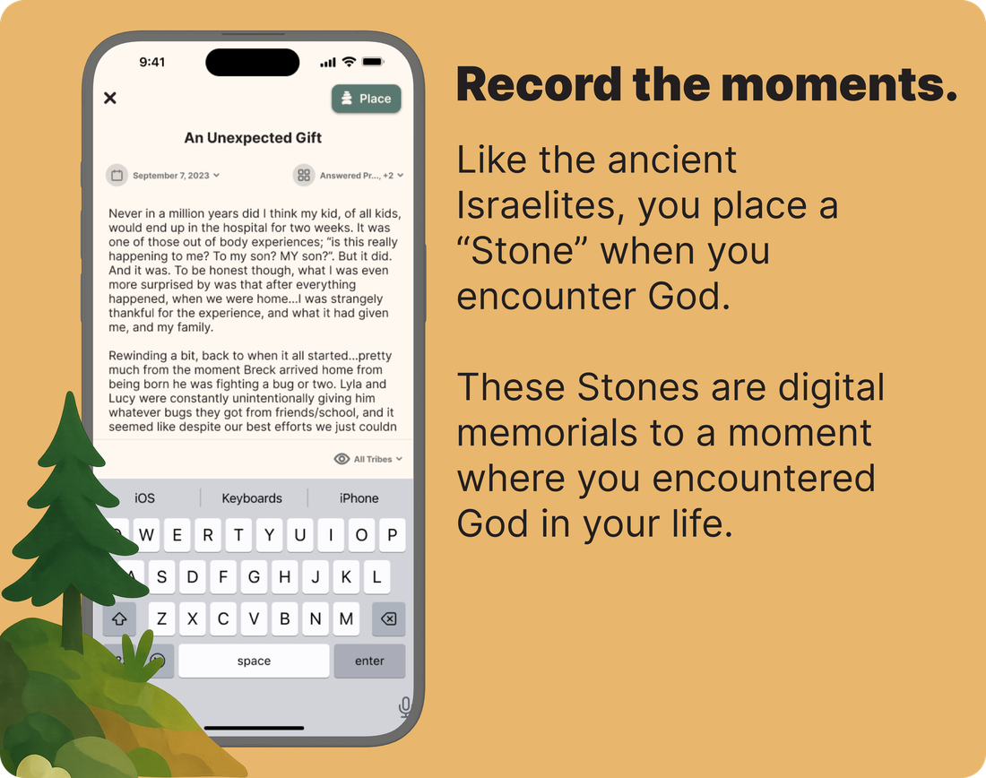 App screen for placing a stone — a memorial of a God-moment.