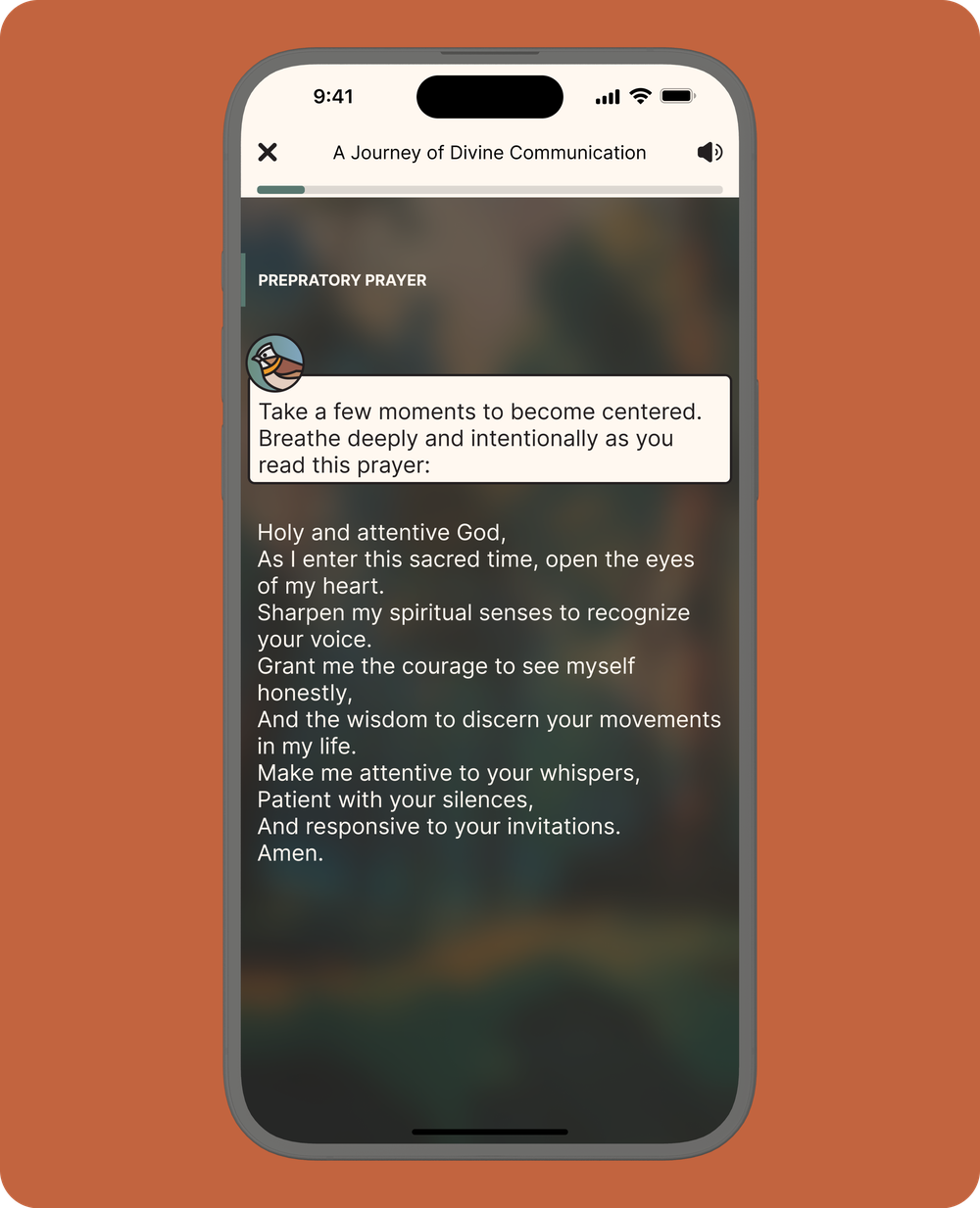 Smartphone showing a guided “Preliminary Prayer” reflection.