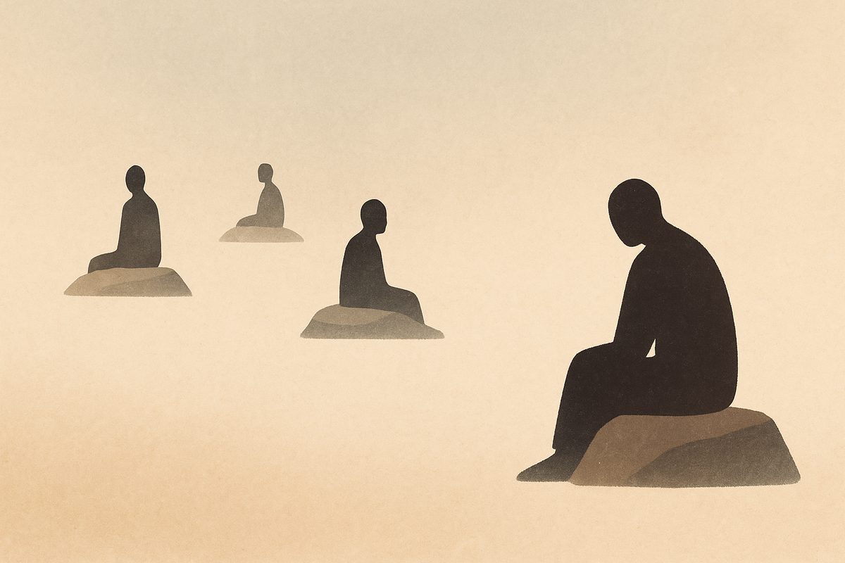 Silhouettes of four people sitting alone, spaced apart.