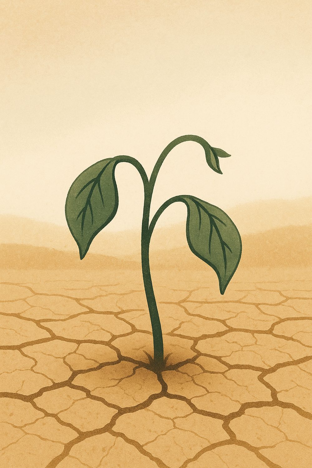 A young green plant growing from cracked, dry ground.