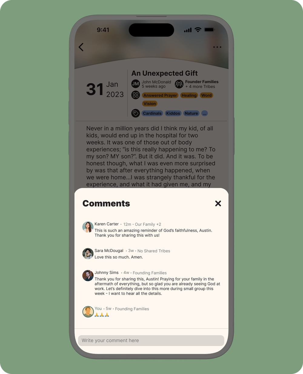 Smartphone showing a comments section with encouragement from friends.