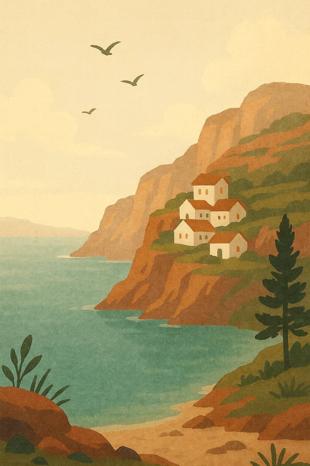 A painted sunlit coastal village