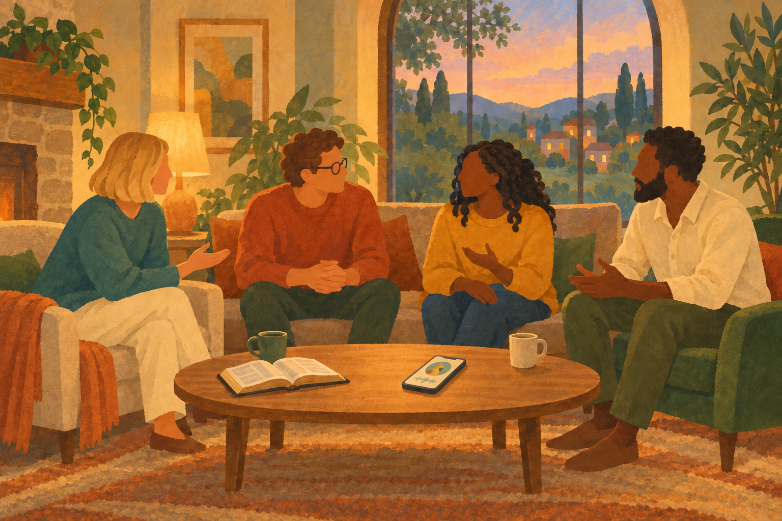 Sarah, Peter, Ruth and James talking around a table, with Nim listening on a phone