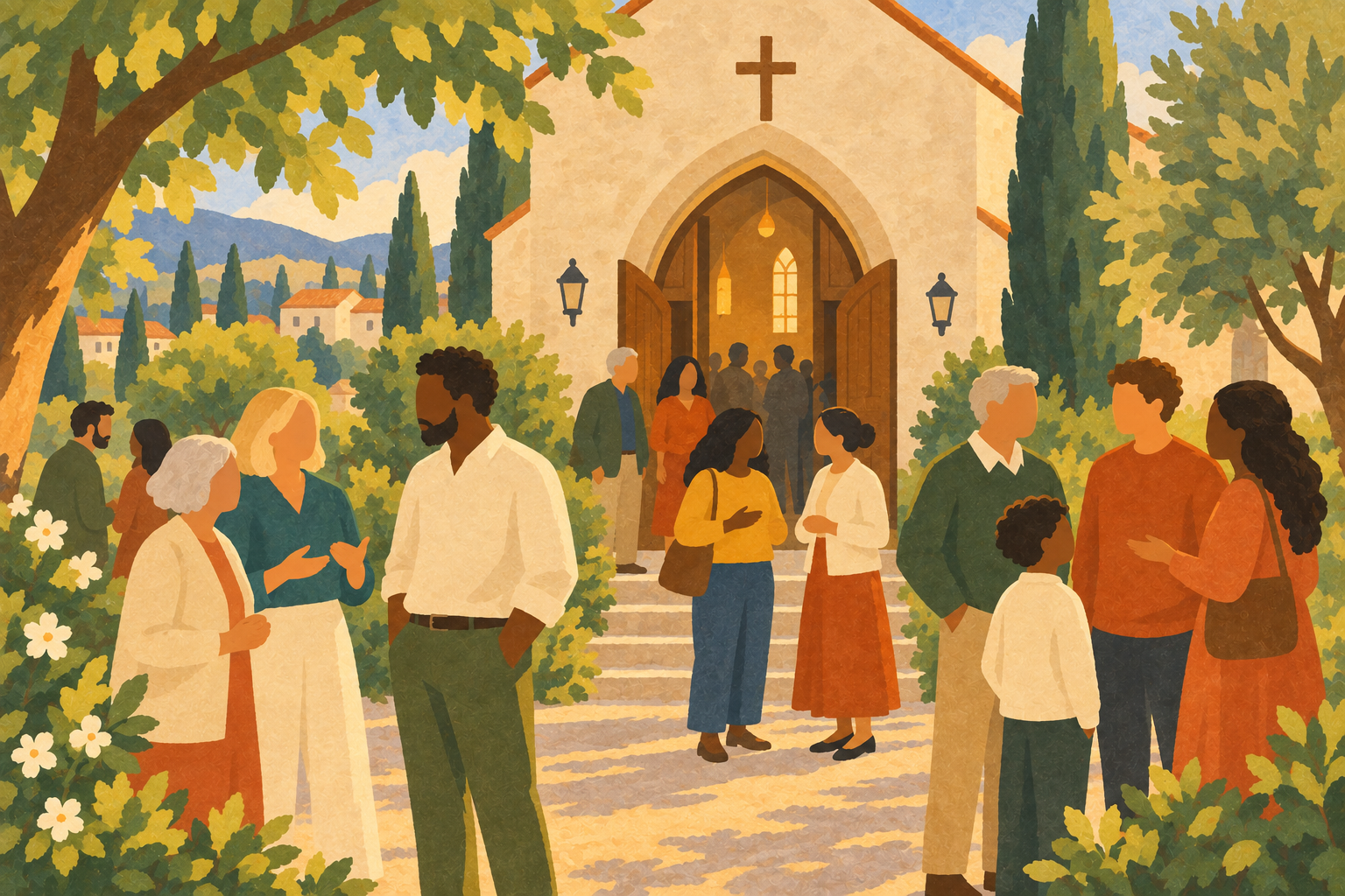 Friends gathering outside a sunlit church after Sunday service